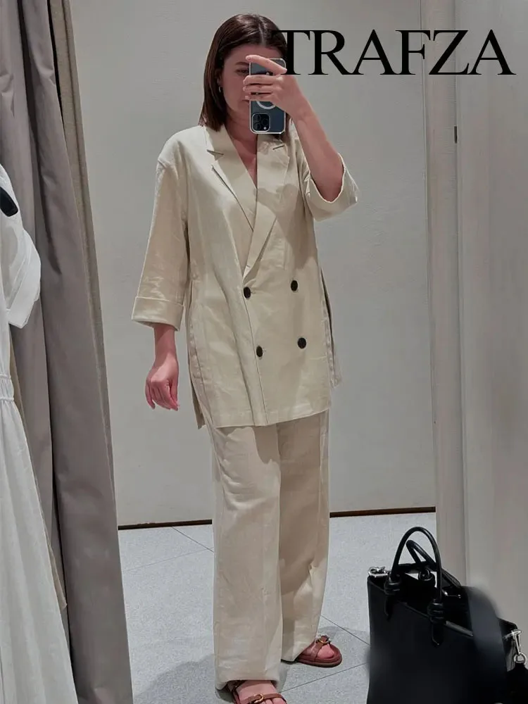 TRAFZA 2024 Summer Women Fashion 2 Piece Flax Suits Trend Solid Blazer Top + Versatile Chic Elegant Female Wide Leg Long Pant