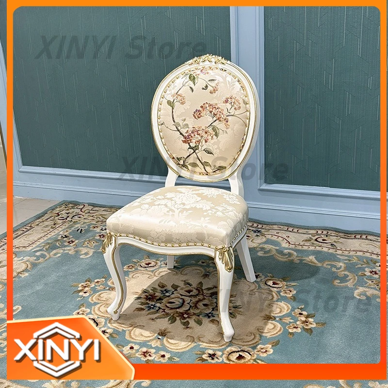 French Fabric Embroidered Dining Chair for European Style Court Back Chair Light Luxury Fashion Carved Solid Wood Dining
