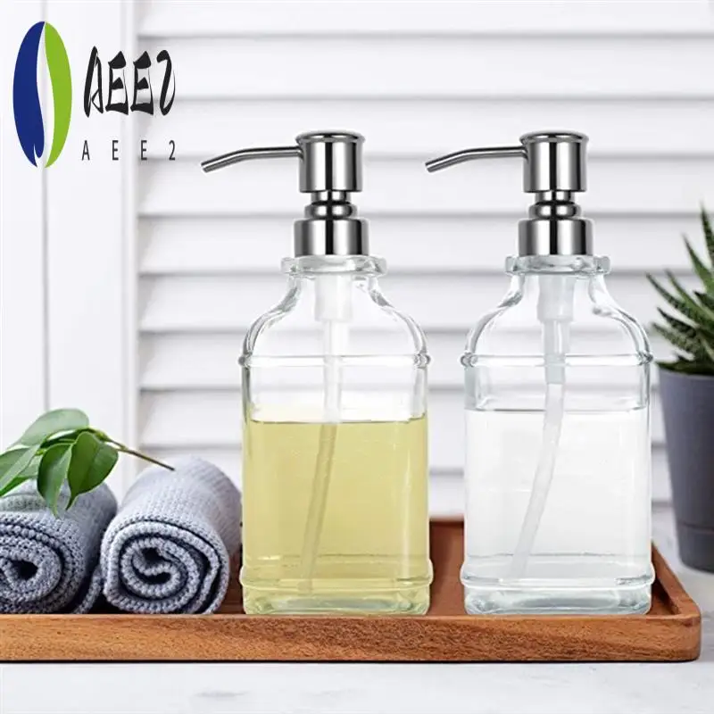 

AEE2-Стеклянный дозатор мыла с нержавеющим насосом из нержавеющей стали, многоразовый дозатор мыла для рук, дозатор мыла для ванной комнаты