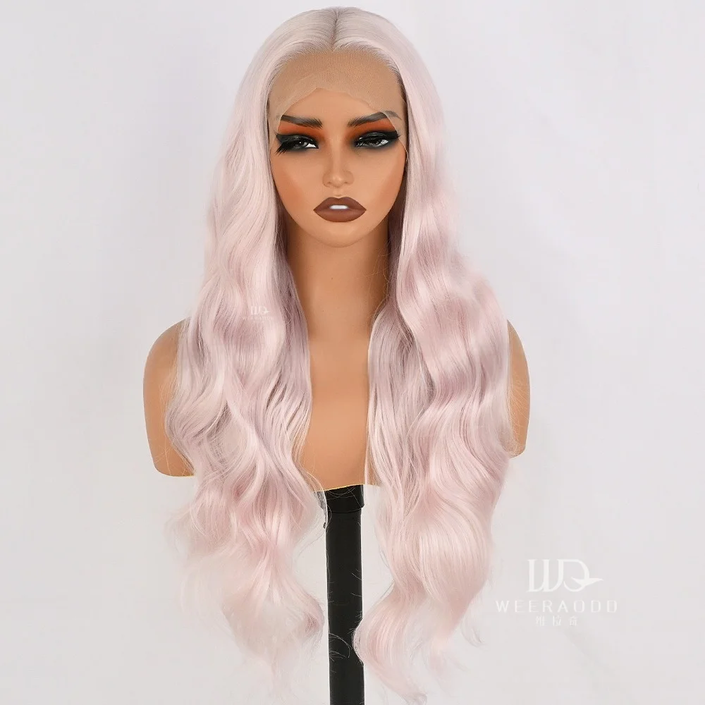 28 Inch Body Wave Sakura Pink Lace Front Wig 13x4 Lace Frontal Glueless Pastel Pink Heat Resistant Synthetic Hair Daily Cosplay