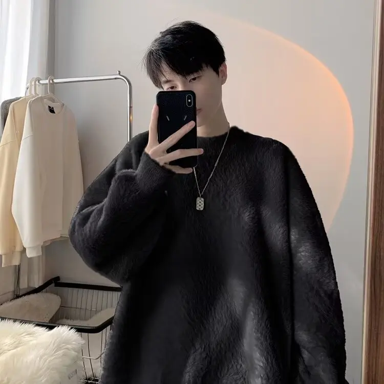 

Мужской вязаный свитер Ci Sle большого размера (до 300 фунтов), осенне-зимний, модный, для многослойных образов, однотонный, с имитацией меха, в бейсбольном стиле