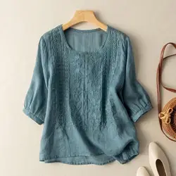 Women Shirt Elegant Embroidered Women's Blouses O-neck Half Sleeve Loose Fit Shirt Linen Crew Neck Tunic With Floral For Summer