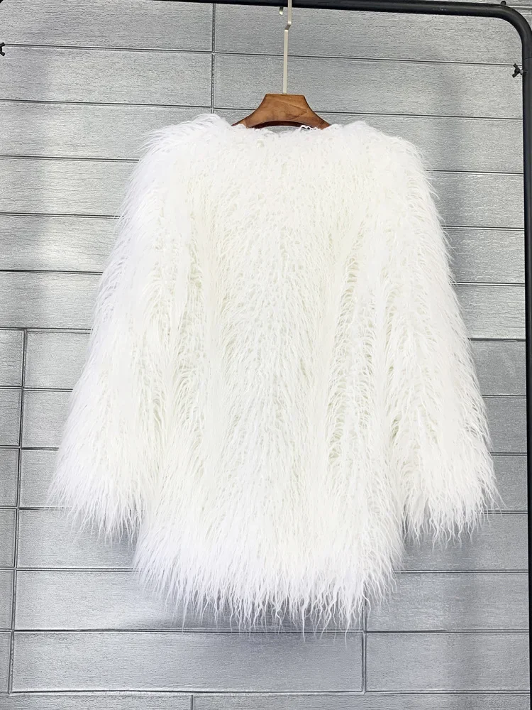 Mongolia Sheep Fur Women Medium Long Coat Jacket Colorful Warm Faux Fur Plush Coats Female Jacket Autumn Winter Furry Outerwear