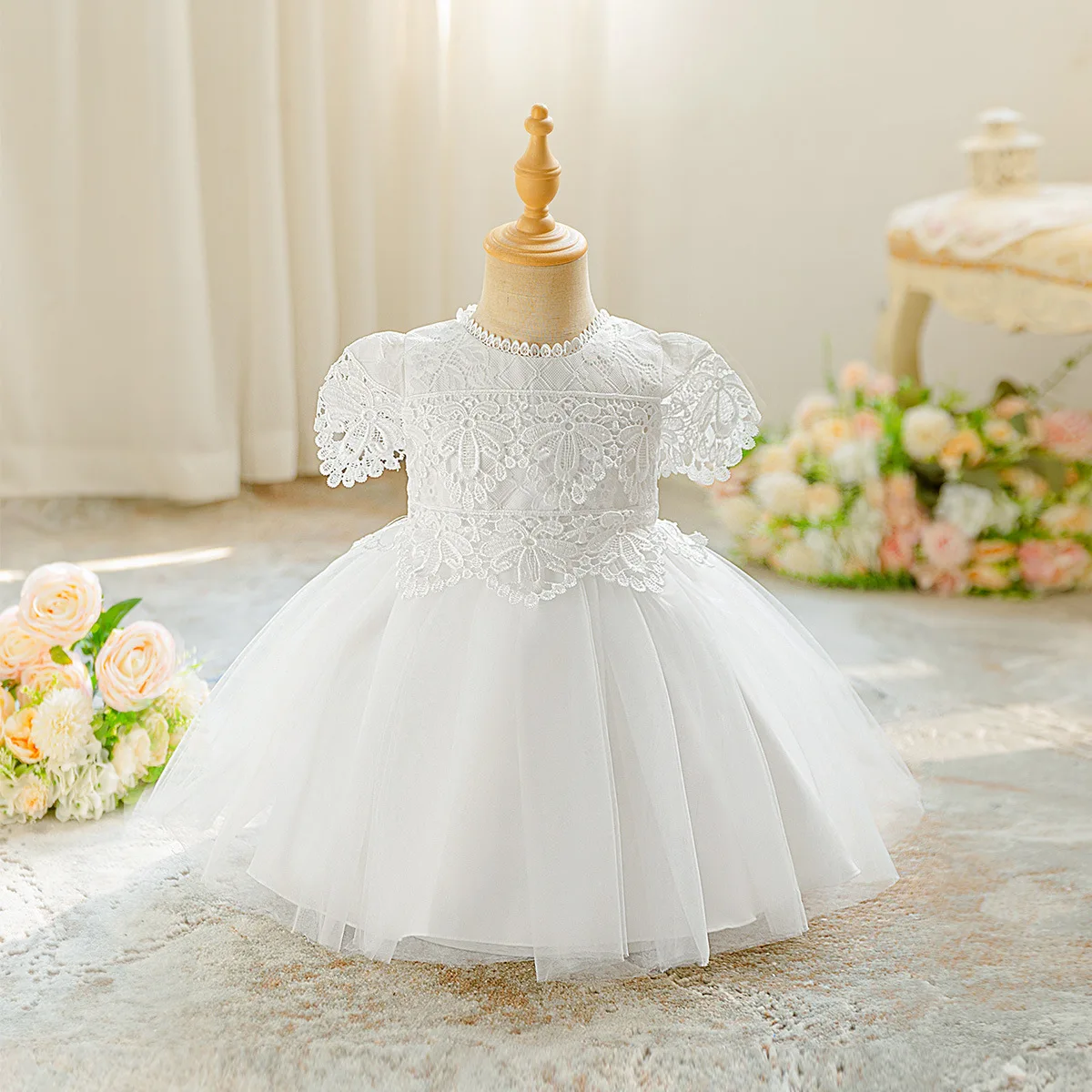 Elegant Baptism Baby Girl Dress Embroidery Mesh Toddler 1st Birthday Princess Dresses For Kids Flower Wedding Costume