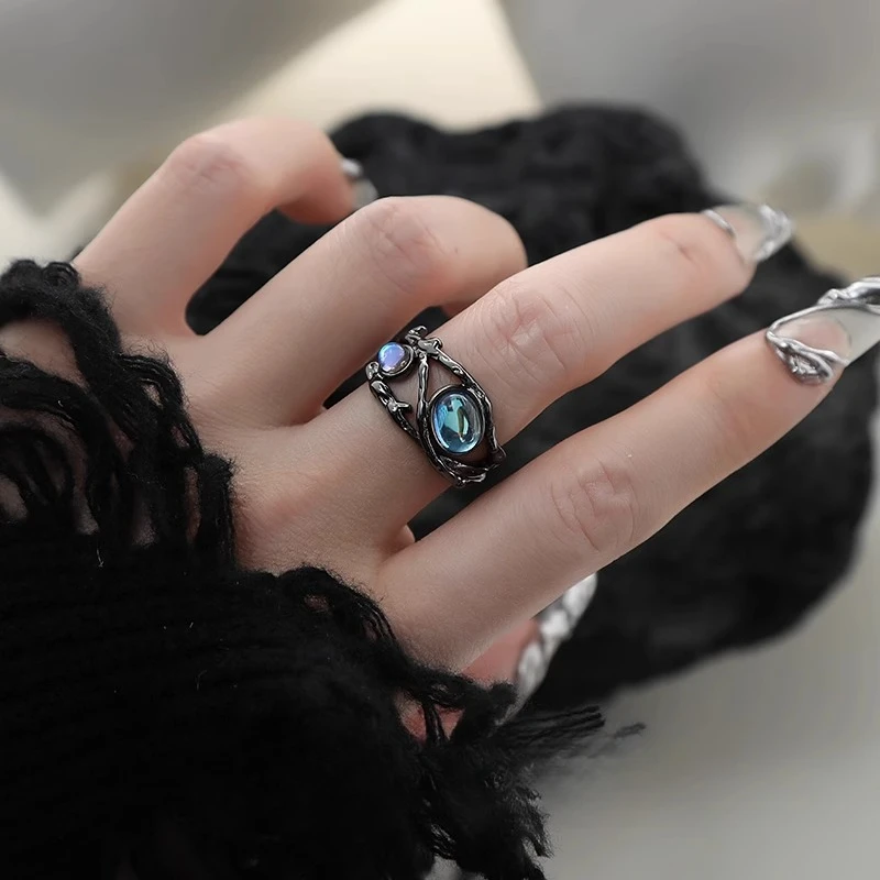 

Moonstone Ring Niche Personality European and American Retro Open Ring Men and Women Cool
