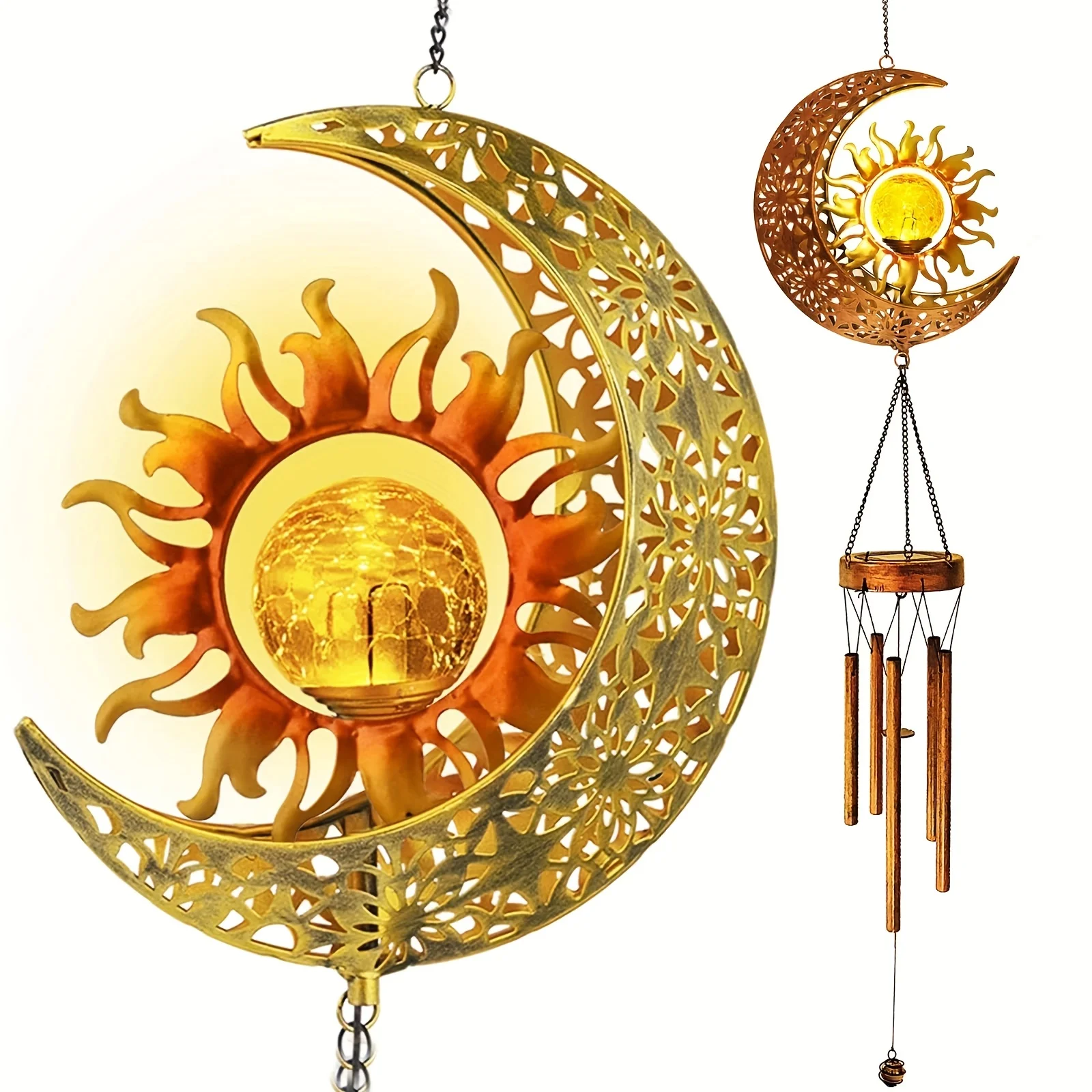 Solar Wind Chimes Outdoor Garden Decorative Wind Chime Light With Cracked Ball-Waterproof Metal LED Hanging Chime Decor ( & Sun)