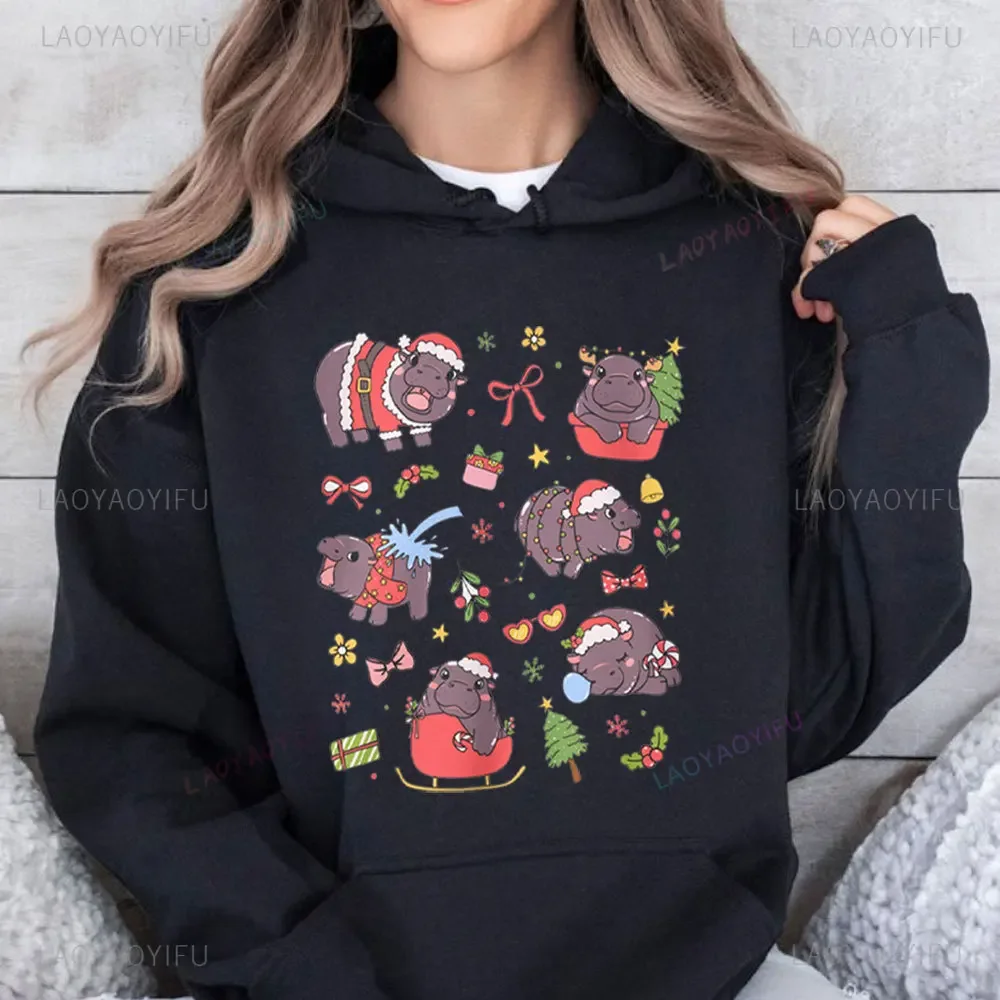 Moo Deng Christmas Sweatshirt Moo Deng Merch Cute Moo Deng Hippo Christmas Sweater Coquette Clothes Funny Baby Pygmy Hippo Gifts