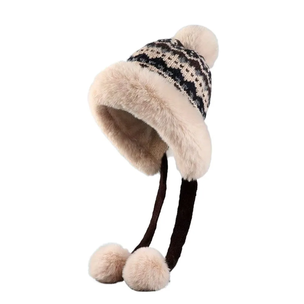 

Fashion Thick Knitted Hat Warm Ball Ear Protection Hat Windproof Ethnic Style Pullover Beanie Hat Cycling