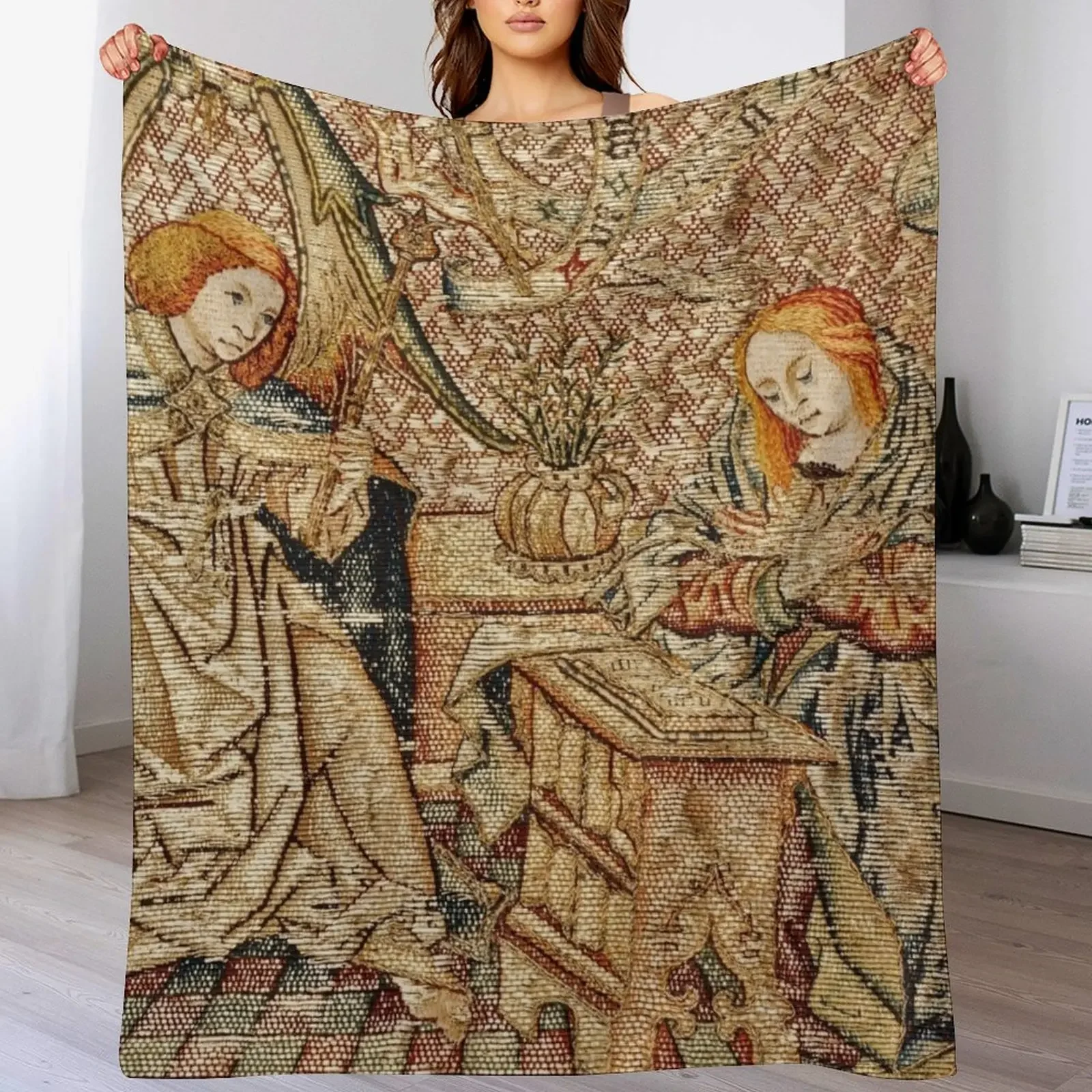 

Embroidery with the Annunciation Throw Blanket Foldable Soft Warm Blanket for Outdoor Use