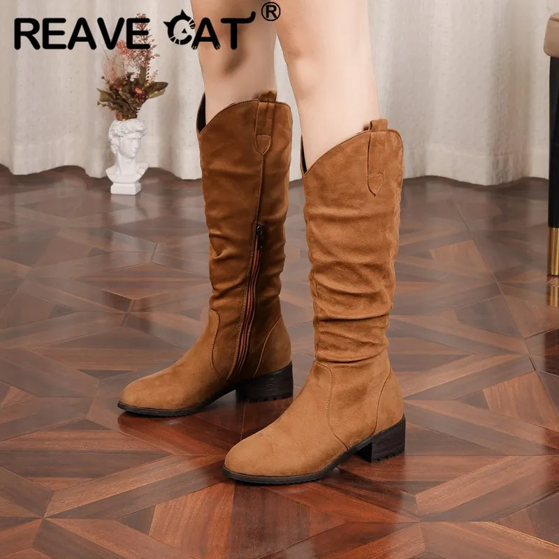 

REAVE CAT Western Boots For Ladies Round Toe Chunky Heel Zipper Flock Pleated Large Size 46 47 48 Retro Women Knee High Booties