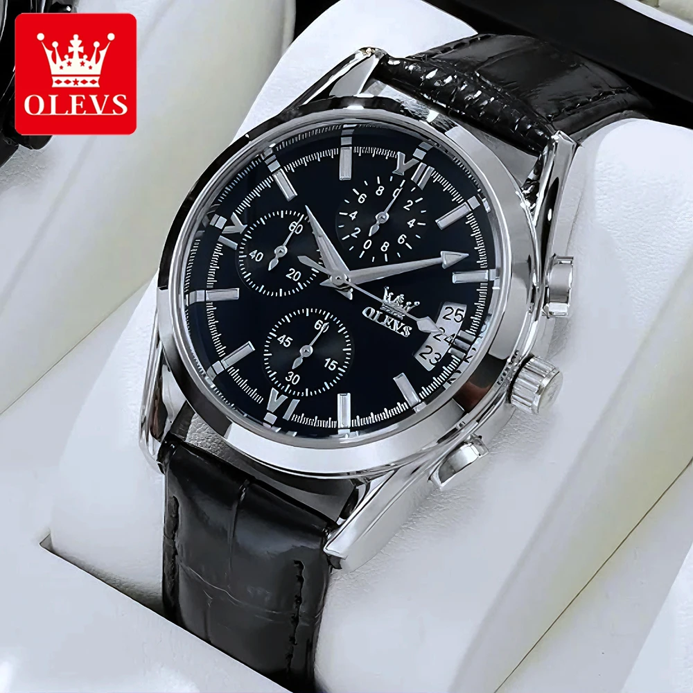 

OLEVS Men's Watches Casual Fashion Leather Strap Original Quartz Wristwatch for Man Waterproof Luminous Date Chronograph 2987