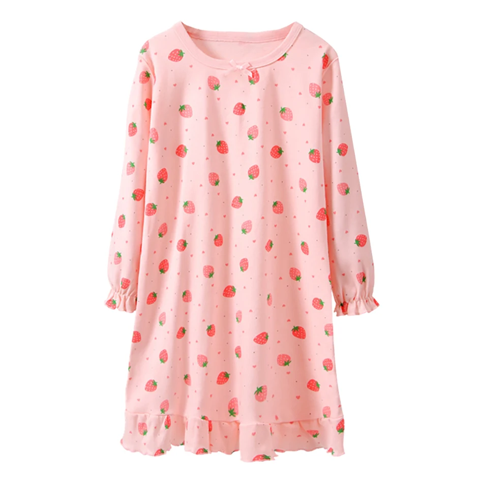Children Cotton Nightdress Long Sleeve Spring and Autumn Cute Strawberry Printed Comfortable Fit Girls Homewear Sleepwear Dress