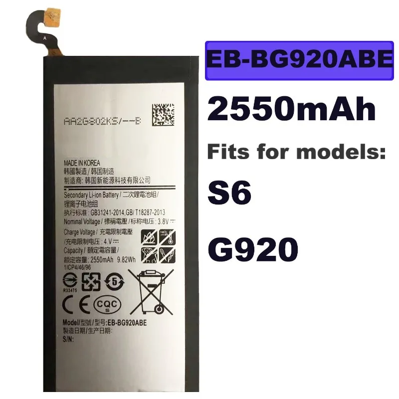 

Литий-ионный аккумулятор большой емкости 2550 мАч EB-BG920ABE для Samsung Galaxy S6 G9200 G920f G920i G920A G920S G920L G920K G925S