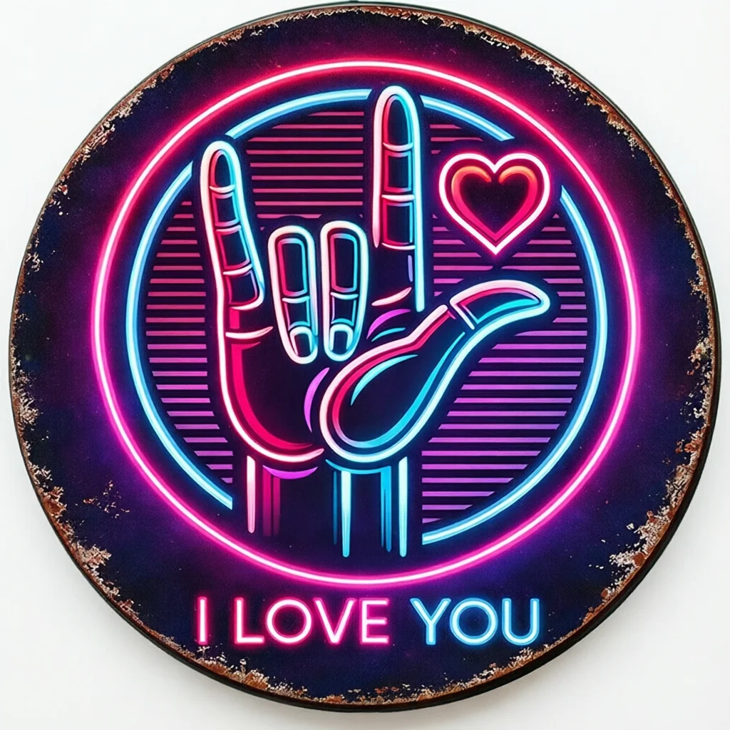 2D Retro Metal Sign, ASL I Love You Hand Gesture Wall Art, Round Aluminum Decorative Plaque for Living Room Bar Cafe Gift