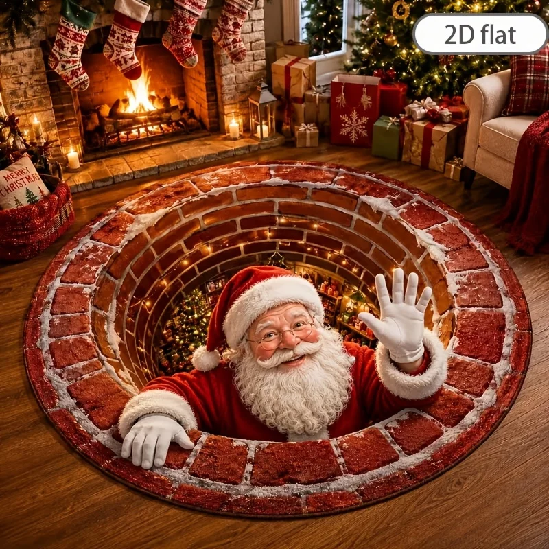 Santa Claus Through Brick Hole Round Area Rug Christmas Optical Illusion Circular Carpet Soft Indoor Floor Mat  Living Holiday