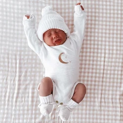 Ylsteed Knitted Newborn Photography Outfits Embroidery Moon Star Romper with Pom Hat  Baby Boy Girl Jumpsuit for Photo Shooting