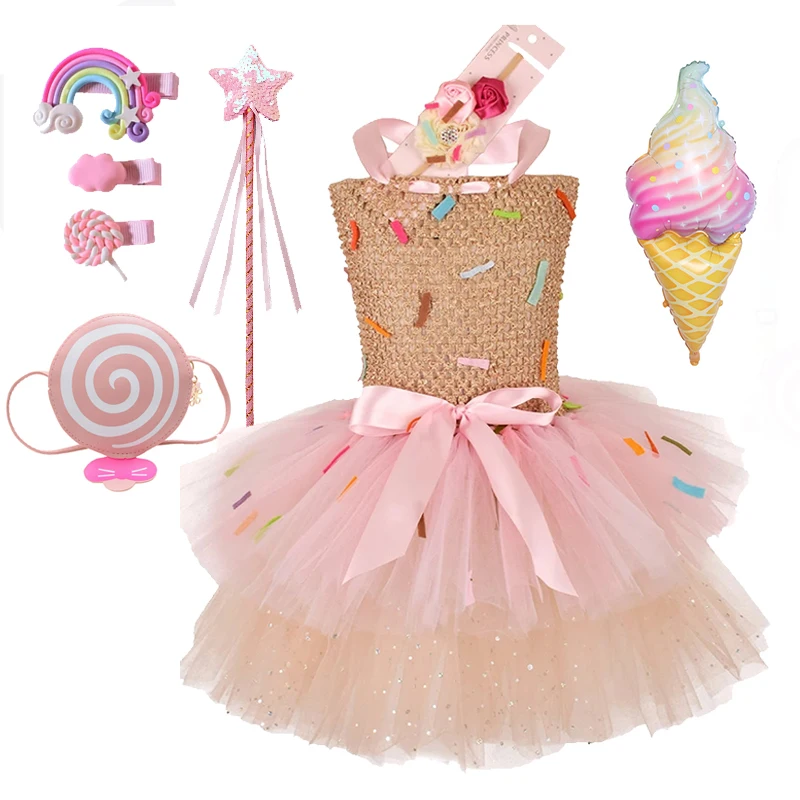 2025 Purim Girls Candy Icecream Dress Handmade Mesh Tutu Dress Childrens Birthday Carnival Party Ball Gown With Icecream Balloon