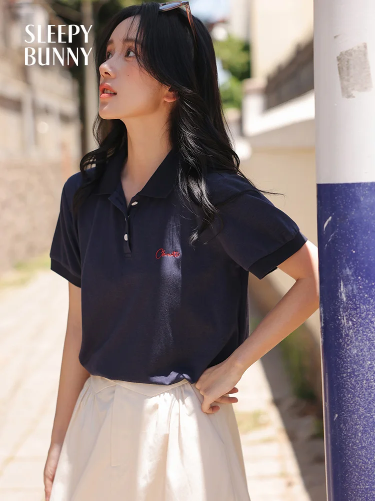 

Vintage Embroidered Polo Shirt Women Casual Loose Fit Summer T-Shirt Contrast Letter Short Sleeve Tee Top Youthful Daily Look
