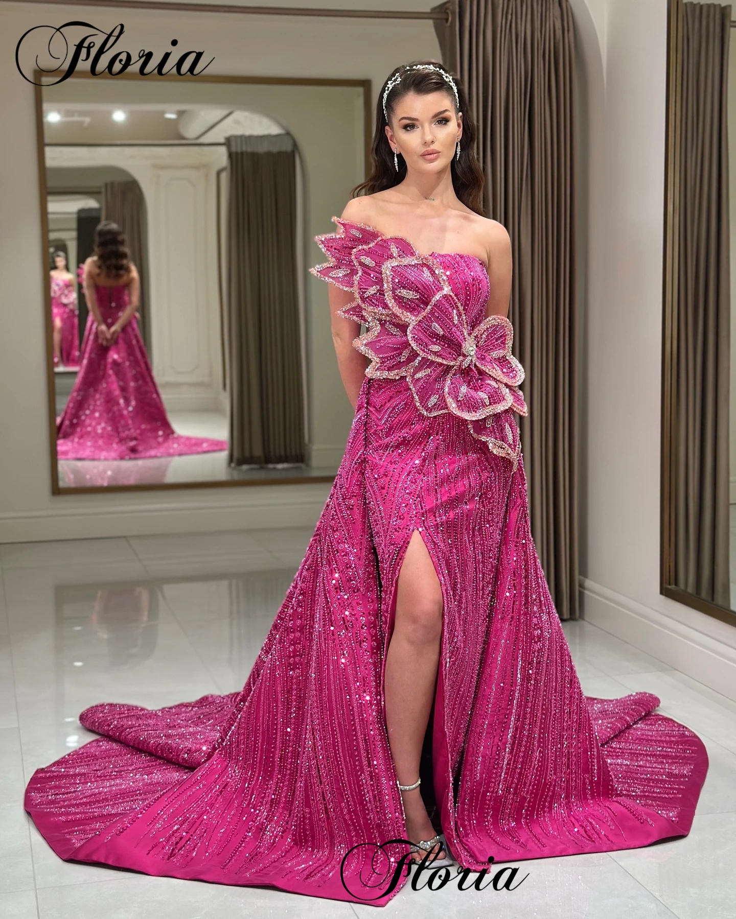 New Fuchsia Mermaid Evening Dresses With Detachable Train Strapless Sexy Celebrity Dress Party Dress Robes De Soirée Customized