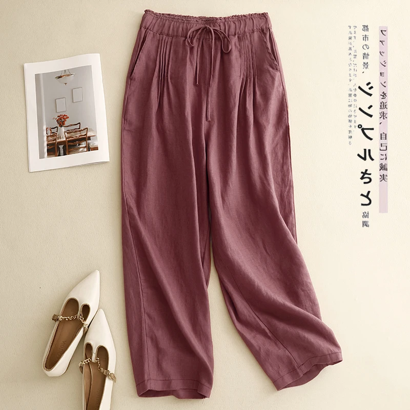 الرجعية مطوي اللون القطن الكتان سليم صالح عارضة السراويل مرونة الخصر السراويل الطويلة ل زائد حجم النساء لباس غير رسمي