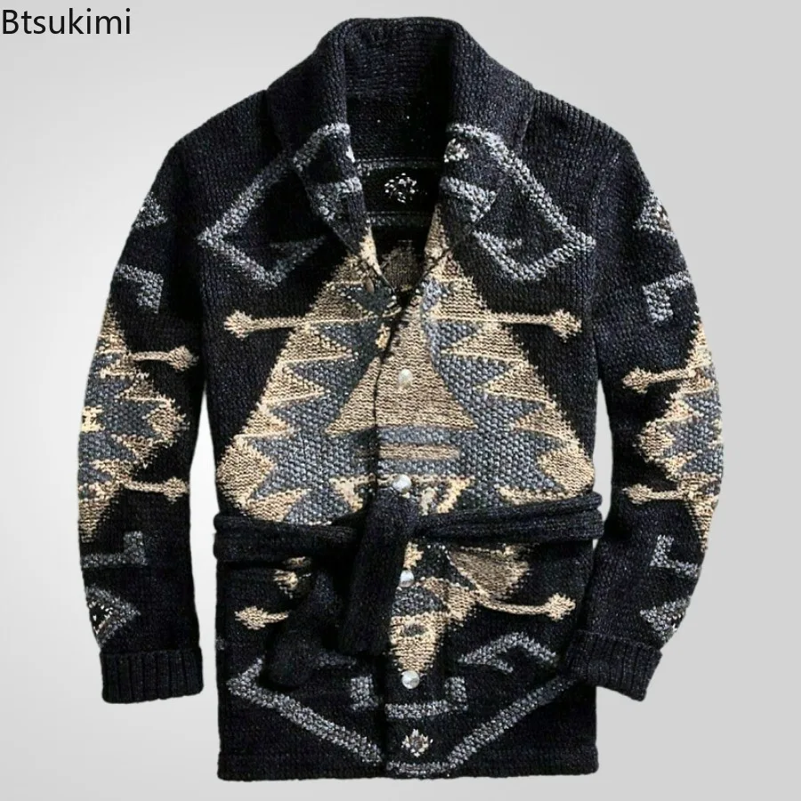 

New 2024 Men's Casual Jacquard Sweater Cardigan with Belt Autumn Winter Sweatercoat Male Lapel Knitted Streetwear Jacket Tops