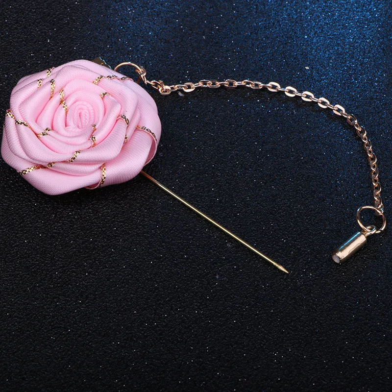 Ceremony Wedding Prom Corsage Flower Polyester Rose Bride Groom Flowers Fake Gold Chain Brooch Pins Artificial Flower Buttonhole image 6