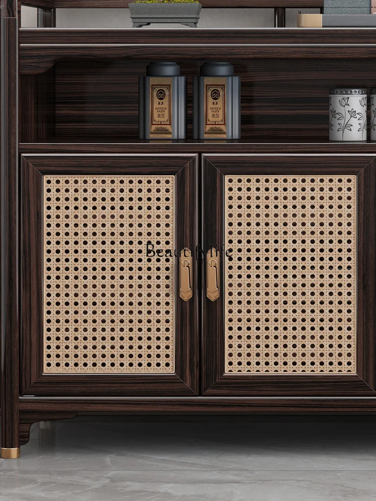 New Chinese Style Solid Wood Storage Cabinet Ugyen Wood Wall Integrated Storage Rattan Storage Cabinet