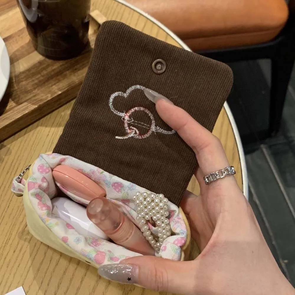 Cherry Pudding Design Coin Purse Corduroy Texture Compact Dimension Mini Pouch Wallet Snap Button Closure Cute Cake Embroidery