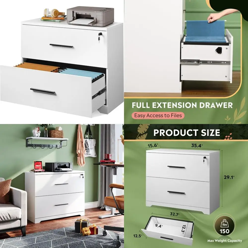 2-Drawer Wooden Locking Lateral File Cabinet for Home Office, White