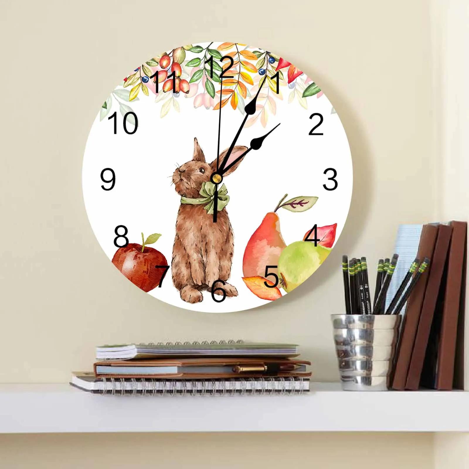 Autumn Plant Rabbit Pear Leaves Watercolor Printed Wall Clock Modern Silent Clock Living Room Home Decor Wall Hanging Watch