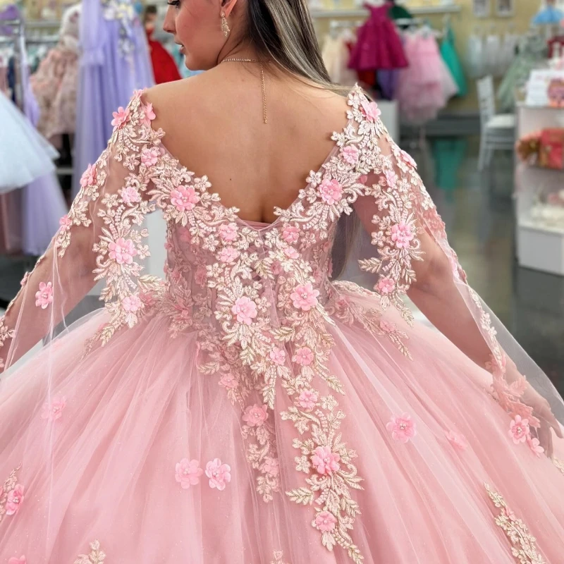 فستان Quinceanera الوردي اللامع ، حلو 15 16 ، فستان كرة مزين بالزهور ، مشد مزين بالدانتيل ، تول ، فساتين كوكتيل حفلة موسيقية ،!