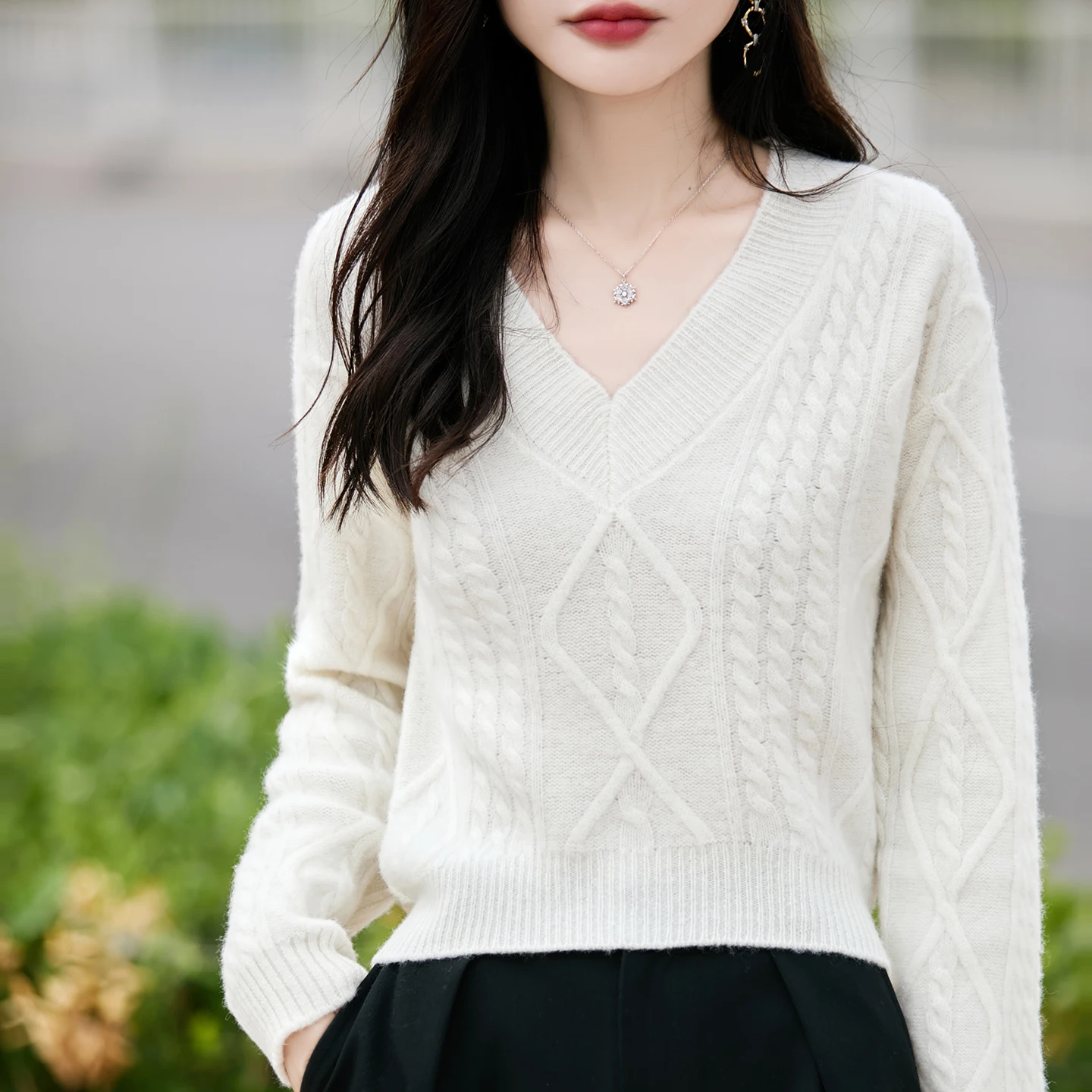 Пуловер из 100% мериносовой шерсти, модный женский роскошный однотонный вязаный пуловер с v-образным вырезом, широкая осенне-зимняя одежда, приятная для кожи, теплая, мягкая