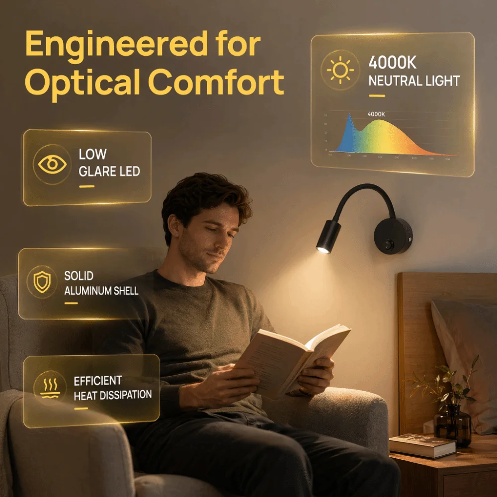 Eye Caring Gooseneck LED Wall Spotlight 3W Hose LED Spotlight AC 85-265V Neutral Light 4000K Wall Sconce Light Hotel