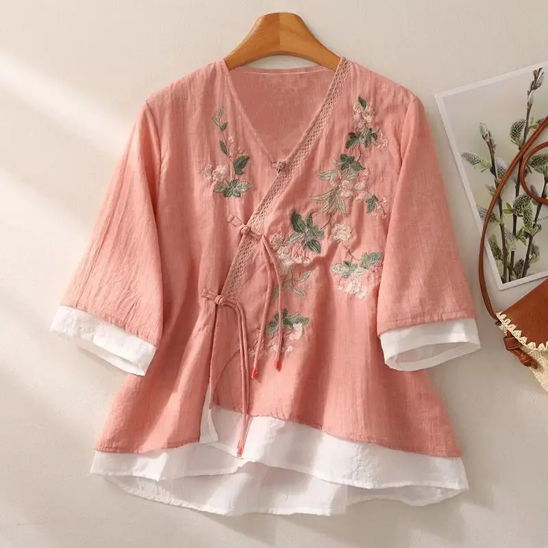 Summer Mid-sleeve Embroidered Slanted Collar Cardigan Shirt for Women Vintage Chinese Retro Spliced Pure Cotton Fake Two-piece
