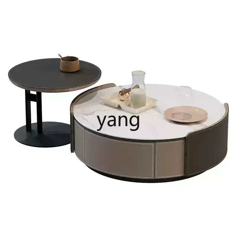 

XYY new small apartment minimalist modern light luxury saddle leather round rock slab countertop coffee table