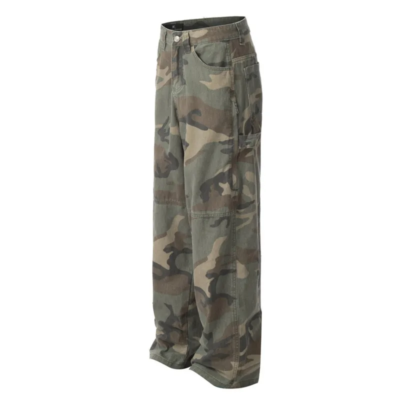 Men's high street trendy sports style outdoor functional camouflage pocket straight tube loose workwear camouflage pants