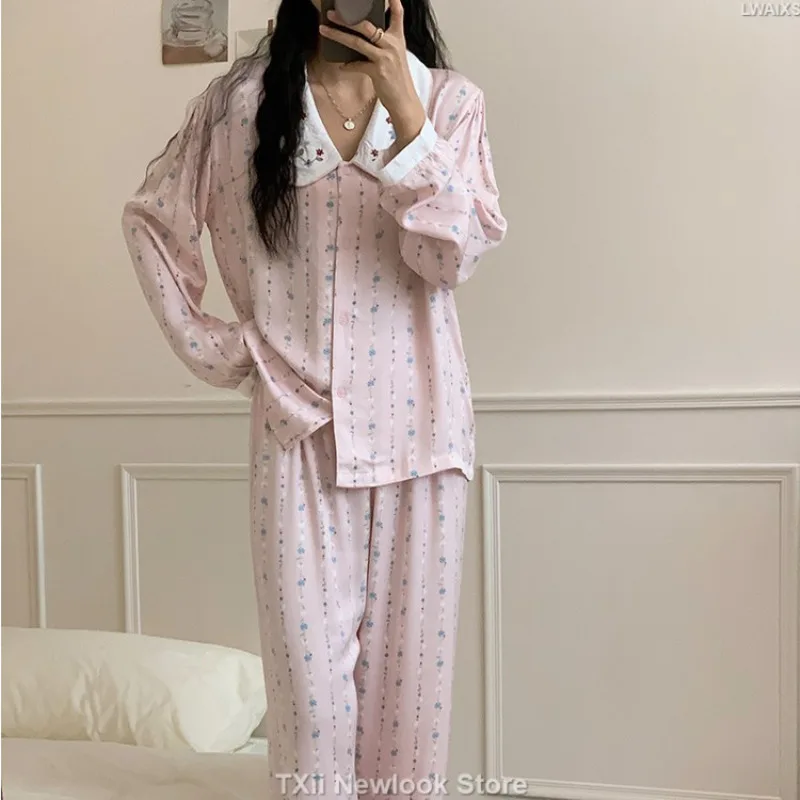 TXii Newlook Korean-style Flower Embroidered Lapel Girl\'s Pink Gentle Sweet Home Wear Thin Long-sleeved Pants Pajamas for Autumn