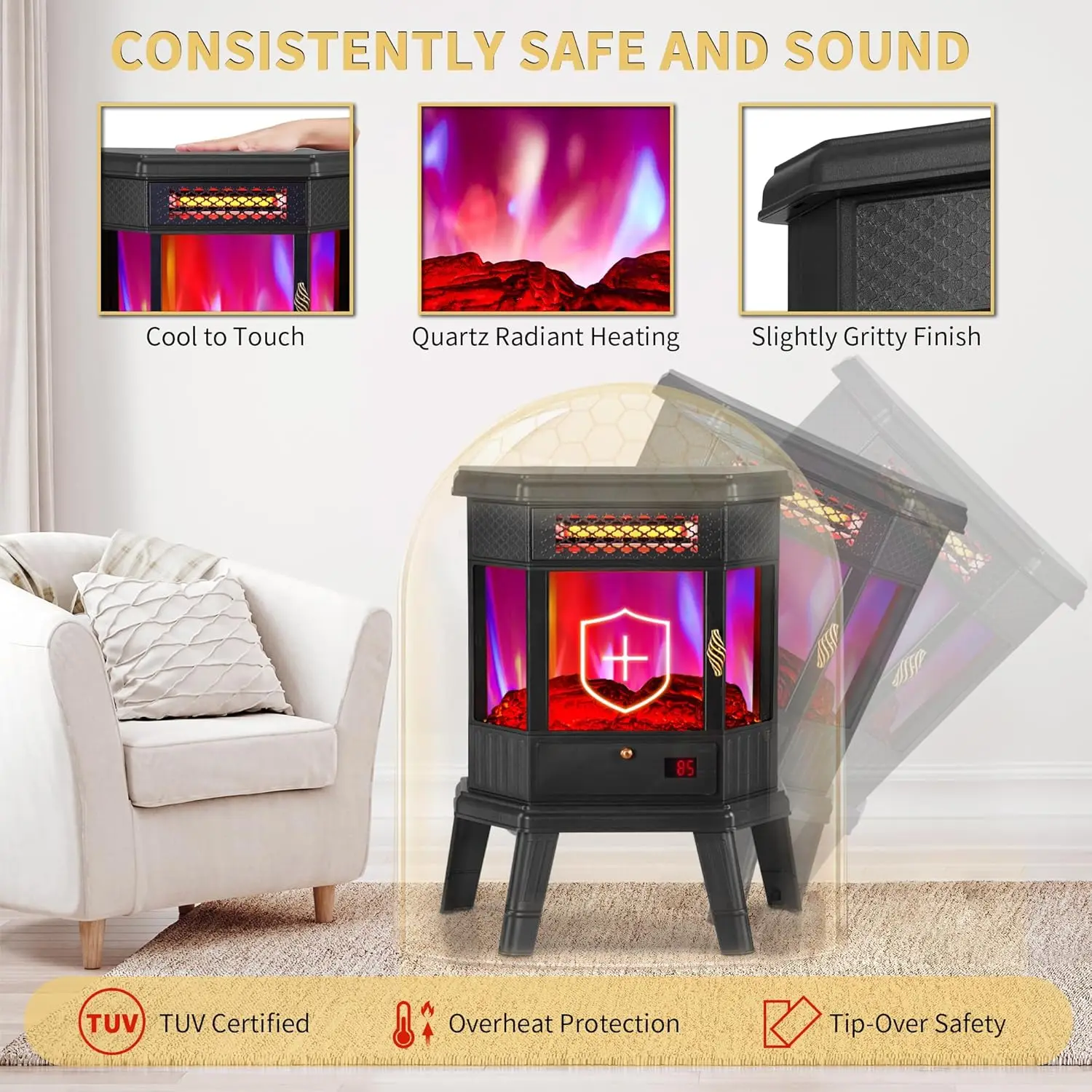 Electric Fireplace Heater 22' Freestanding Infrared Quartz Fireplace with 3D Flame Effect, Remote Control, Timer, Overheat Prote