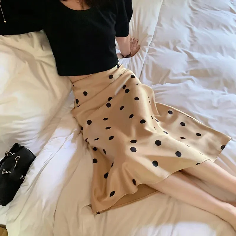 

Lucyever Silk Satin High-waisted Skirt for Women Summer Elegant Dot Printing Long Skirts Female Korean Office A-line Skirts 2023