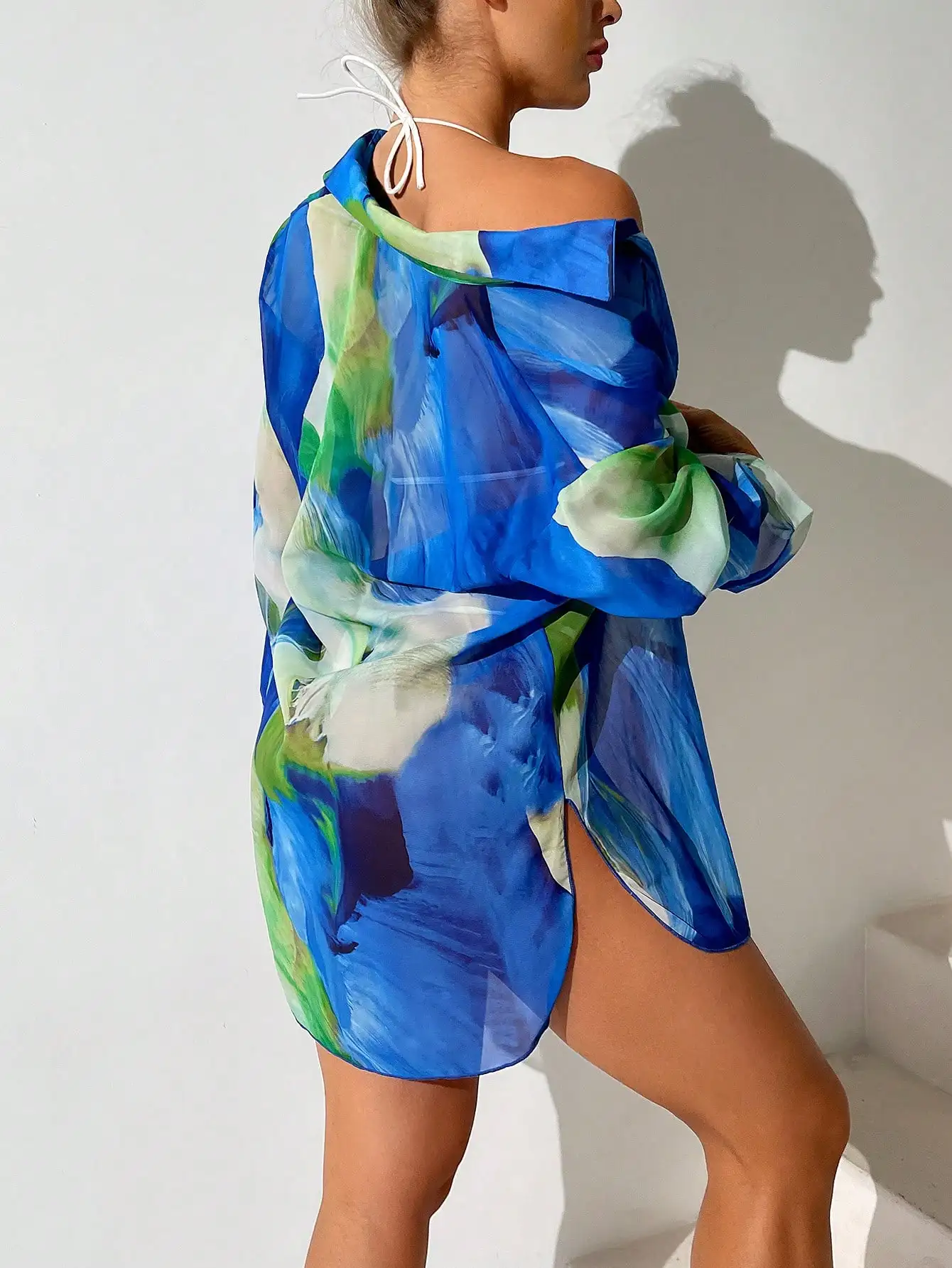

Women's Sheer Blue Green Tie Dye Kimono Beach Cover Up Shirt