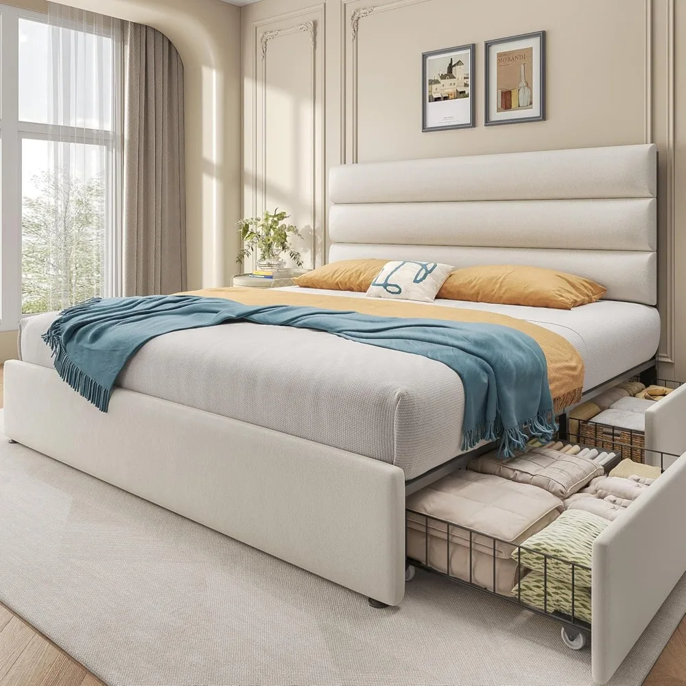 

Queen Bed Frame with Storage Drawers, Queen Size Platform Bed Frame with Velvet Upholstered Headboard, Metal Support