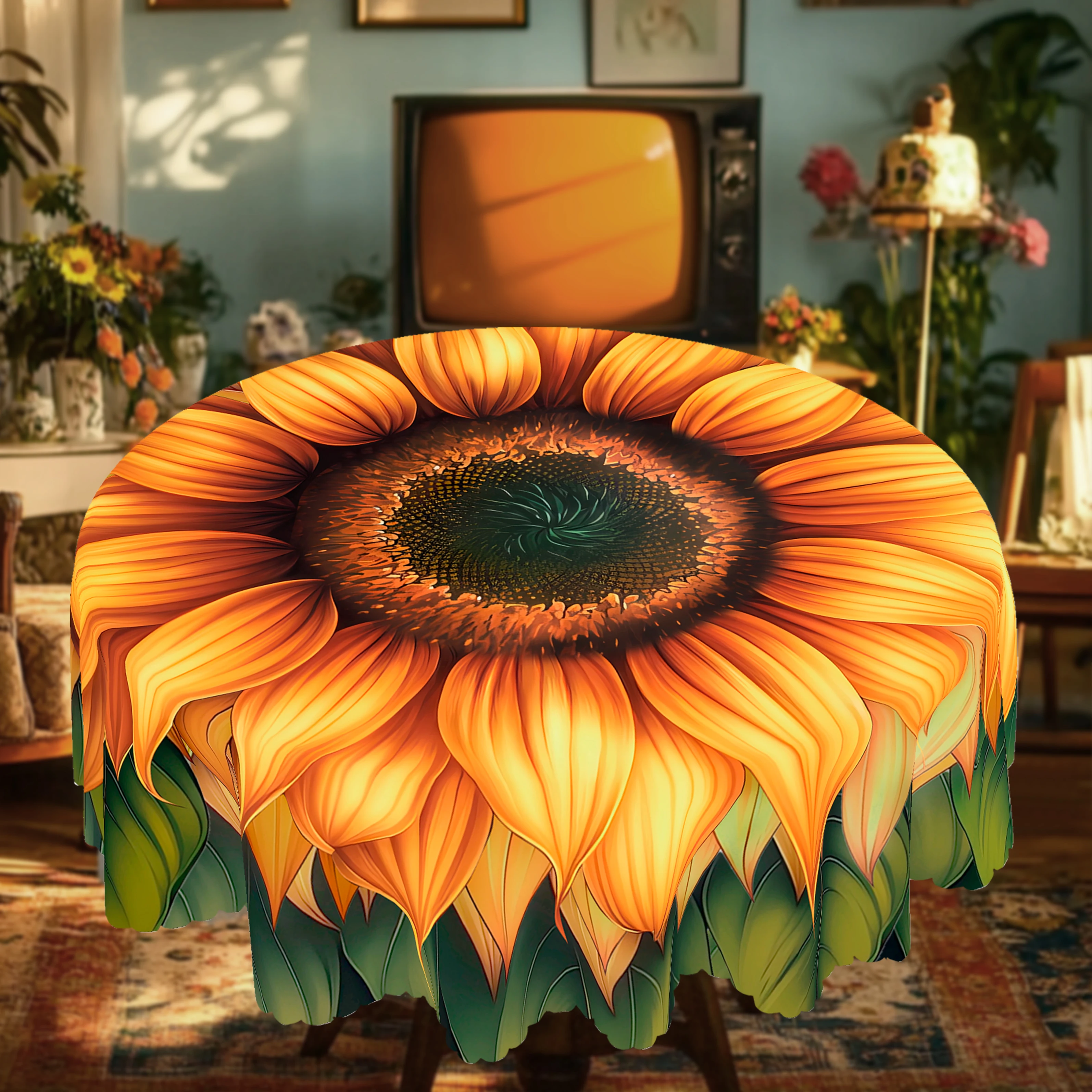 Mantel con temática de girasol, estampado de girasol gigante realista, patrón de impresión vibratoria y delicada, resistente al agua, resistente al decoloración, adecuado para mesas de comedor P-78