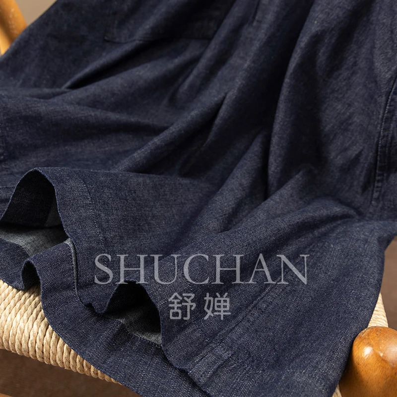 Simple 100 Cotton Yarn-dyed Denim Short-sleeved Shirt Dress Women's 1Y44 Vestidos Femininos Frete Grátis