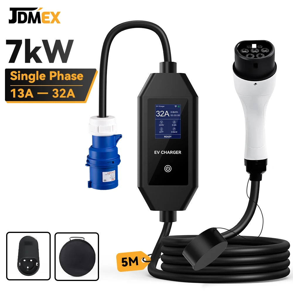 JDMEX 7KW Tragbares EV-Ladegerät Typ2 IEC62196-2 Elektroauto-Ladegerät 32A 1-Phasen EVSE Schnellladung 5M Kabel Mit APP-Steuerung