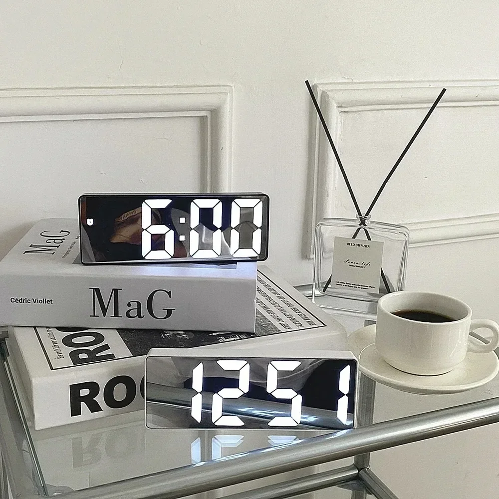 Smart Alarm Clock Bedside Table LED Alarm Clock Digital Children’s Electronic Alarm Clock Curved Mirror Thermometer Wall Clocks