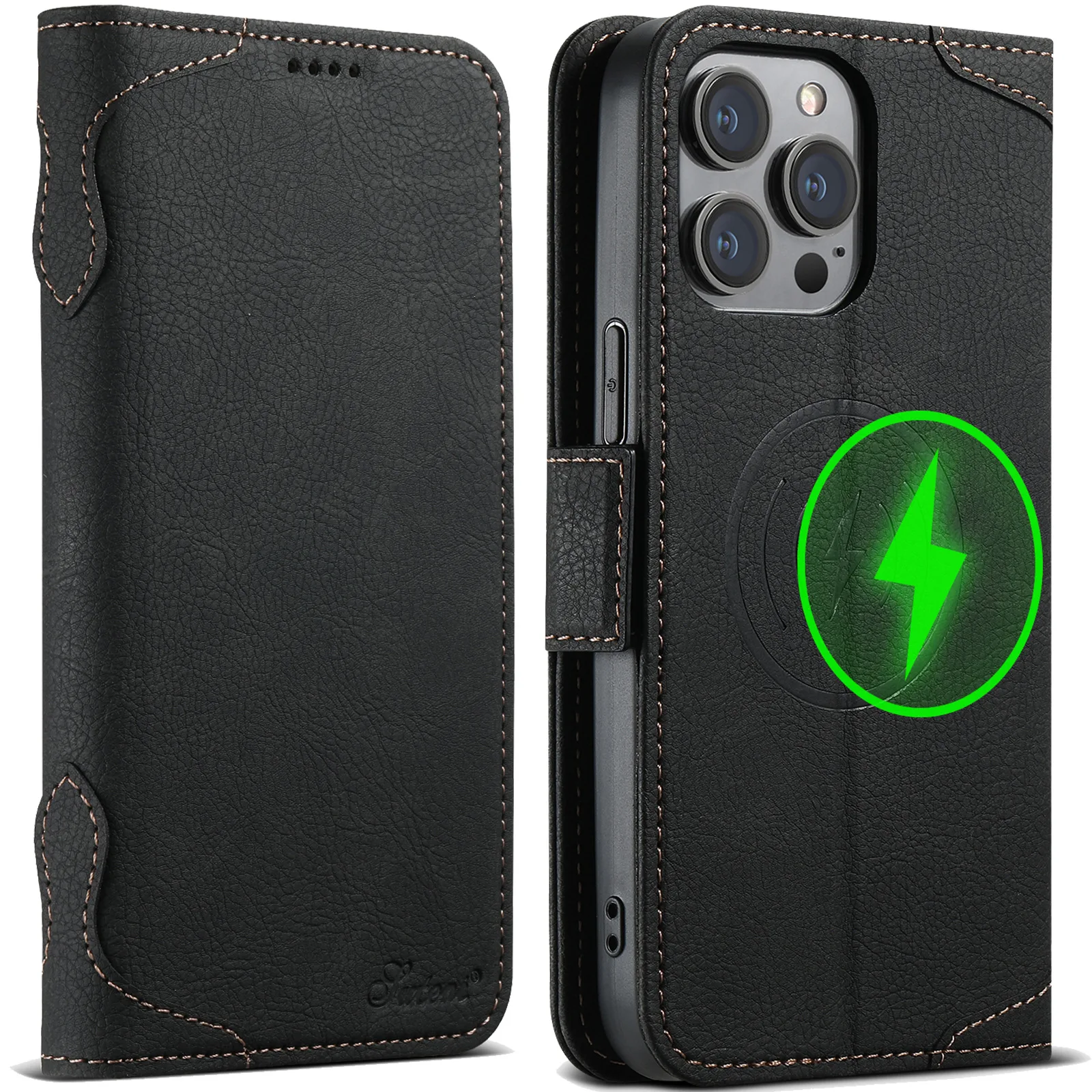 

Dual-Compatible Flip Leather Case – iPhone 17 Pro Max & Samsung, MagSafe Wireless Charging Card Slot, Kickstand Protective Cove