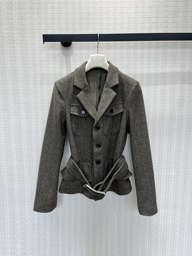 Spring Summer Fashion Vintage Herringbone Wool Blend Suits Jacket Women's Turn-down Collar Long Sleeve Belt Flounces Hem Coat