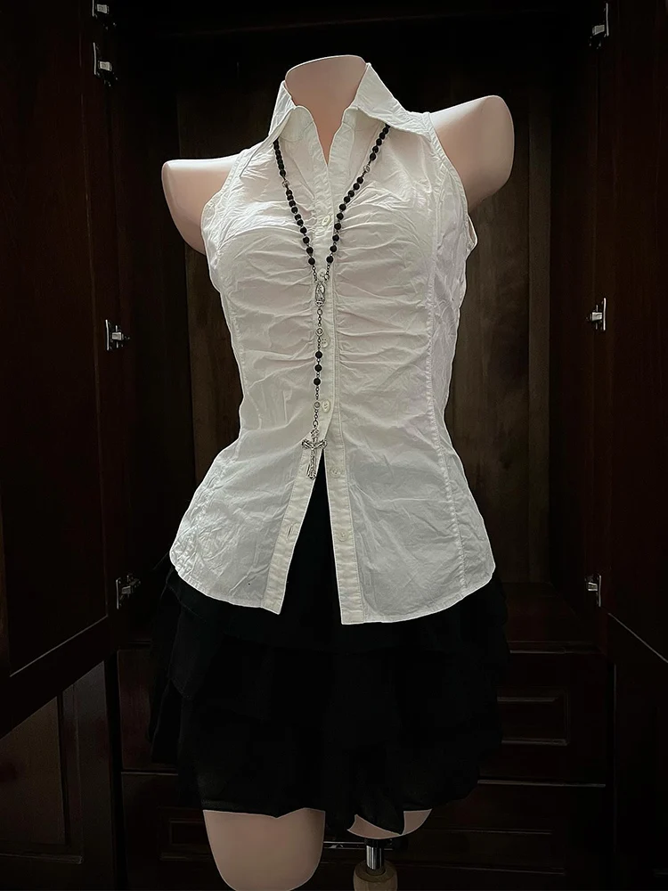 Top da donna vintage bianco Svel irt slim fit con cuciture in vita e pieghe, da pendolarismo, in fibra di poliestere Faion coreana