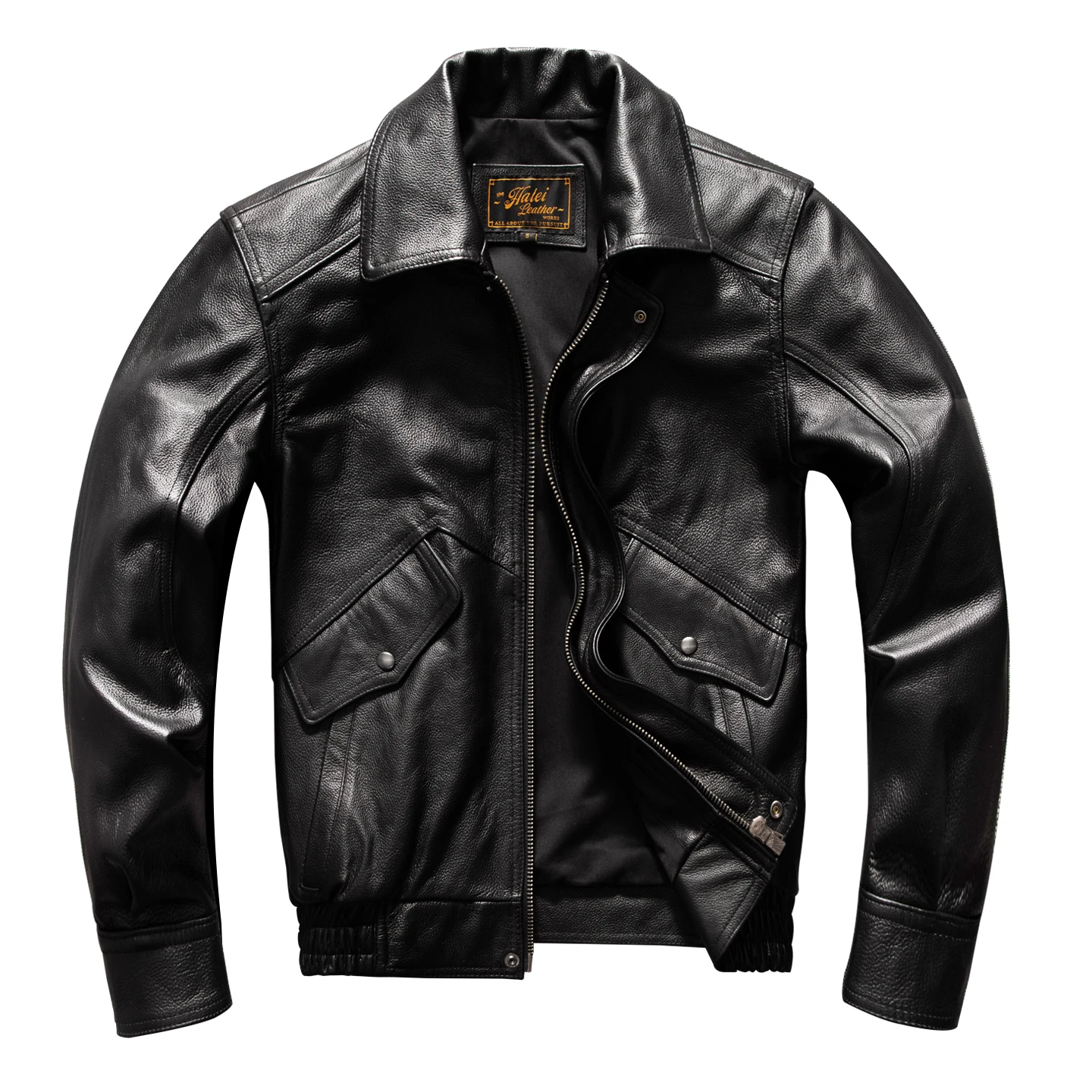 Black Winter Leather Jacket Men Retro Style Plus Size 5XL Genuine Natural Cowhide Turn-Down Collar Two Pockets Loose Coat