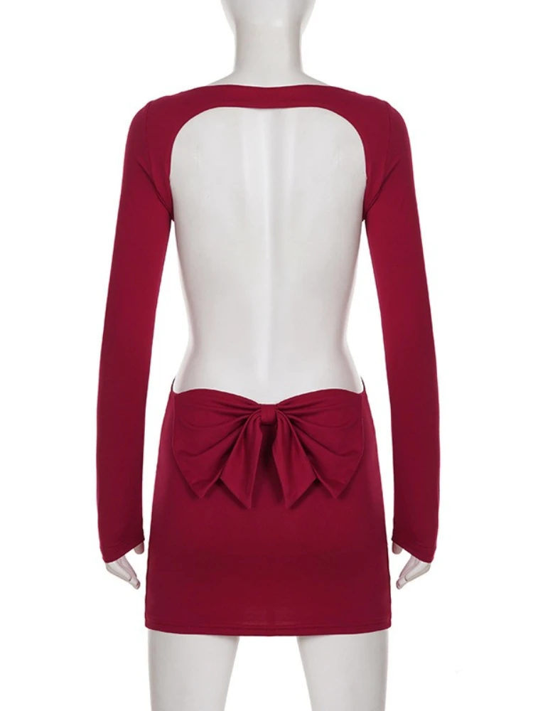 SsTss 2025 جديد مثير مفتوح الظهر القوس فستان المرأة موضة س الرقبة طويلة الأكمام سليم انقطاع أنيقة مساء حفلة Bodycon فستان قصير #6